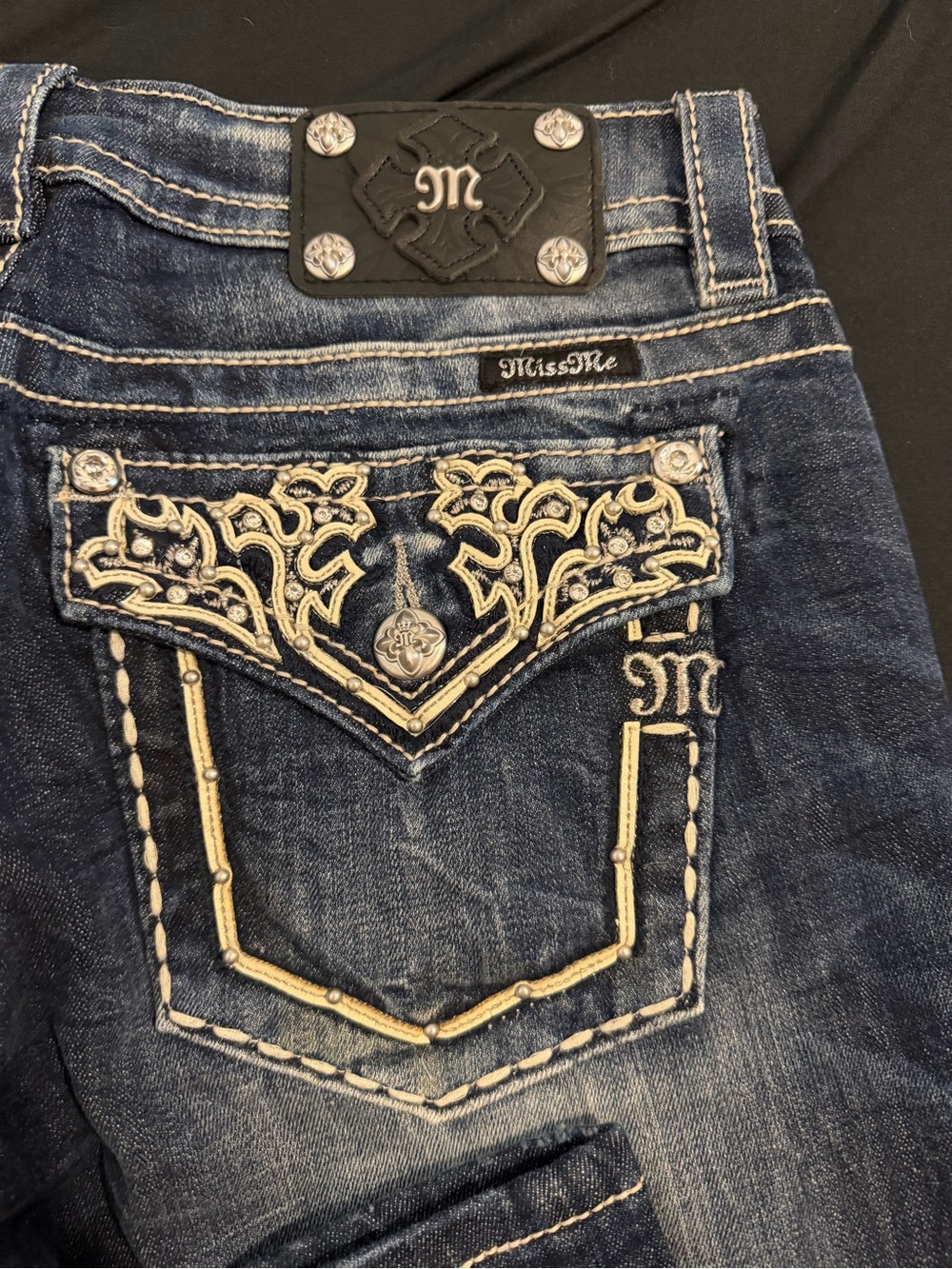 Miss Me Dark Blue Denim Bootcut Jeans with Cream Embroidery